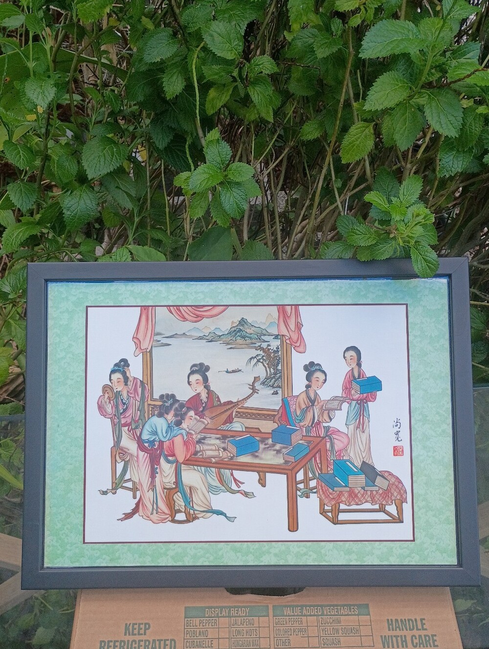 Shang Kaun,Artist Framed Asian Figurative Art Work in Mint and Black